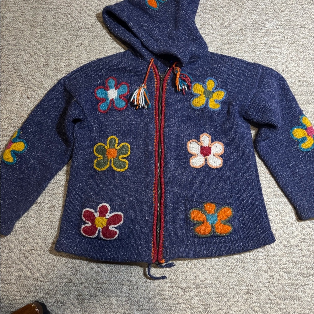 Floral Embroidered Blue Women's wool cardigan - Picture 13 of 16